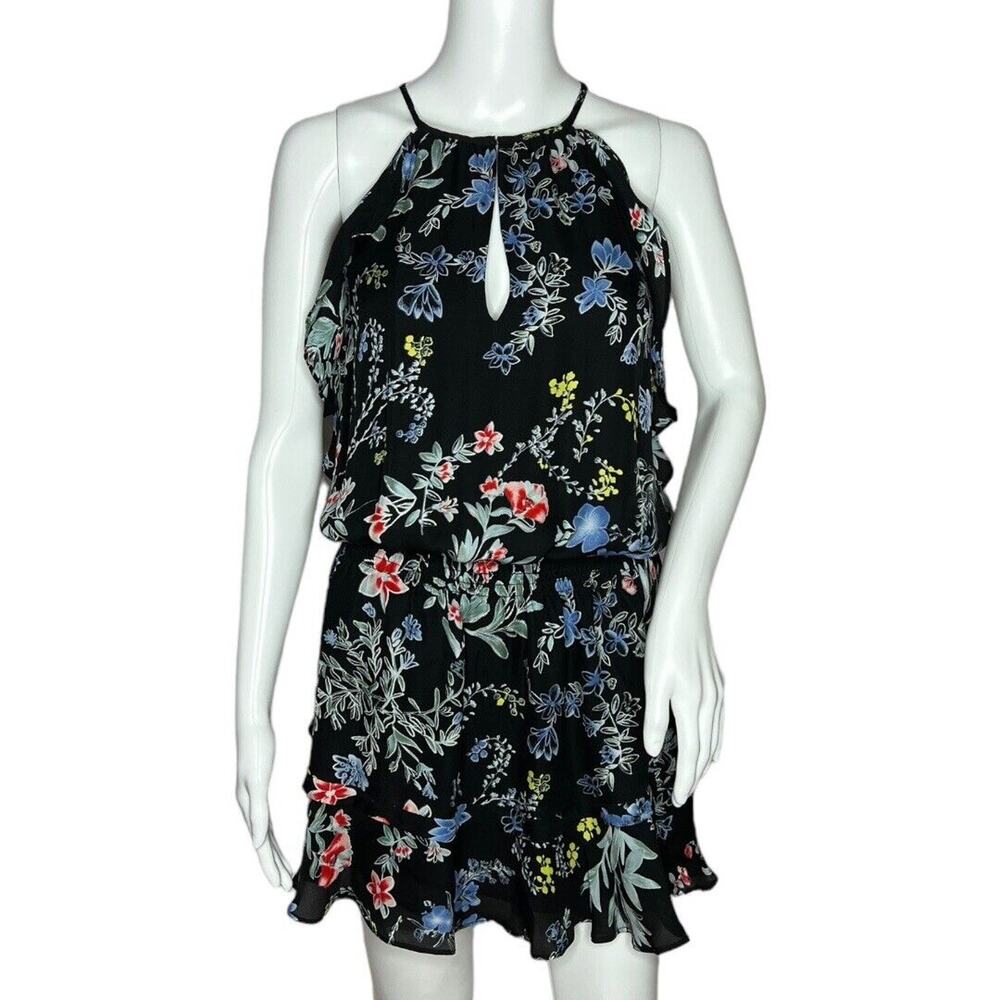 Parker Dress Womens Small Black Multicolor Floral Blouson Sleeveless Ruffle Silk
